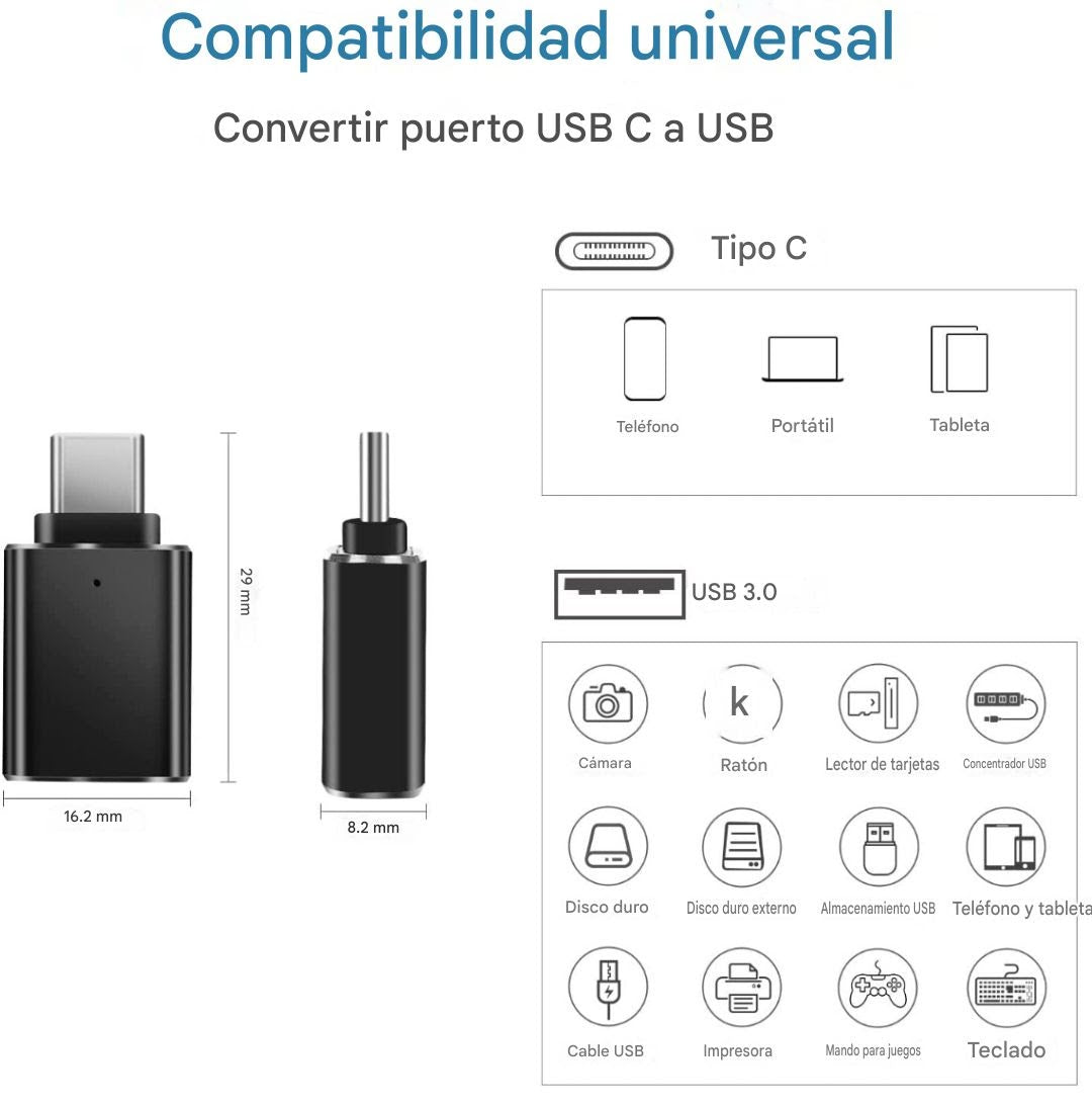 Convertidor USB C a aleación de aluminio con luz LED azul para dispositivo tipo C Adaptador USB C a USB 3,0 OTG