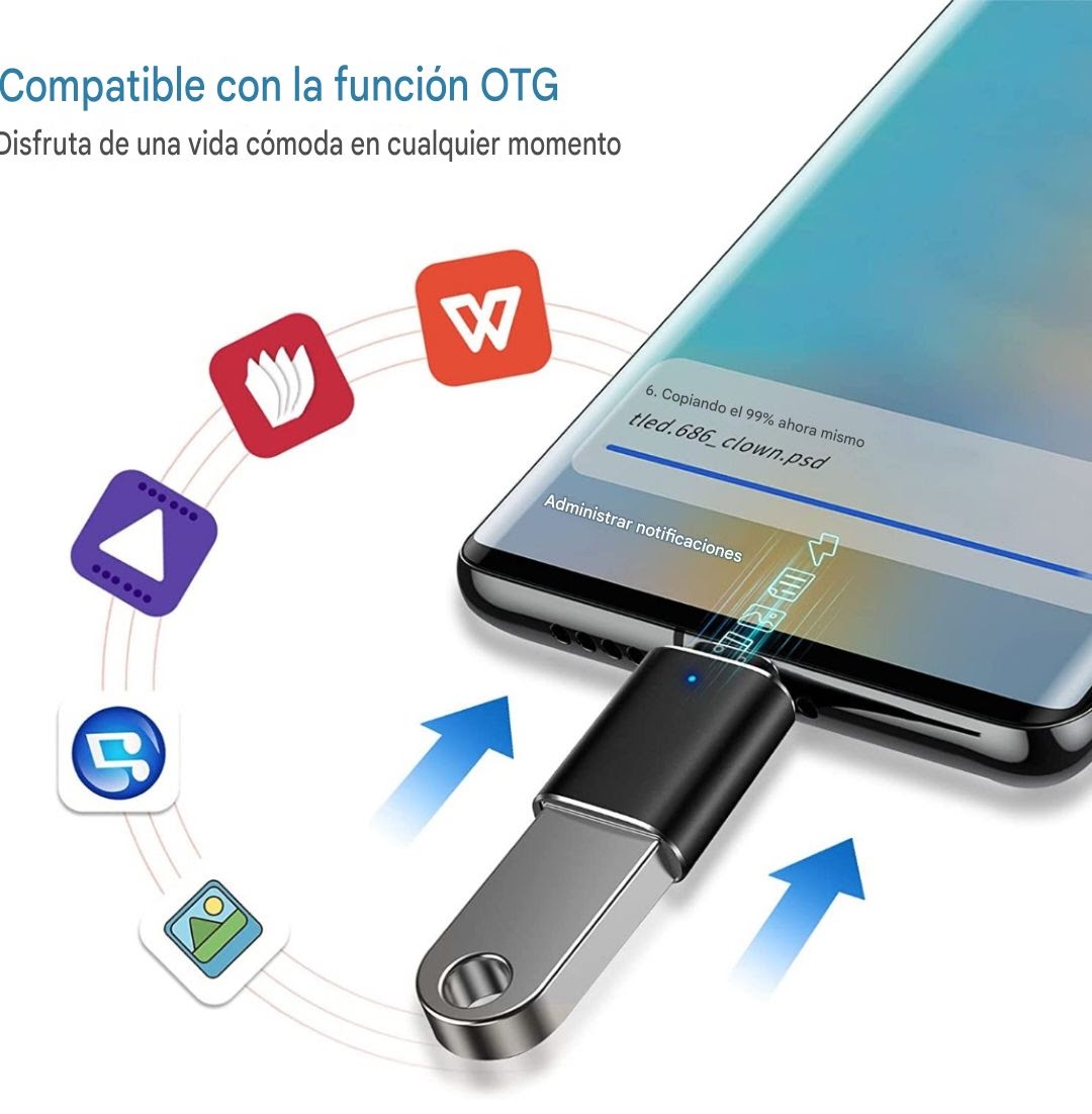 Convertidor USB C a aleación de aluminio con luz LED azul para dispositivo tipo C Adaptador USB C a USB 3,0 OTG