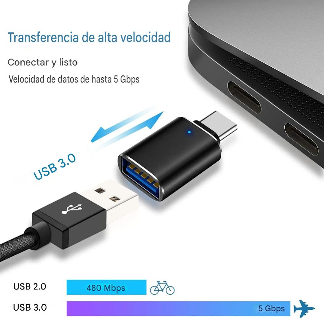 Convertidor USB C a aleación de aluminio con luz LED azul para dispositivo tipo C Adaptador USB C a USB 3,0 OTG