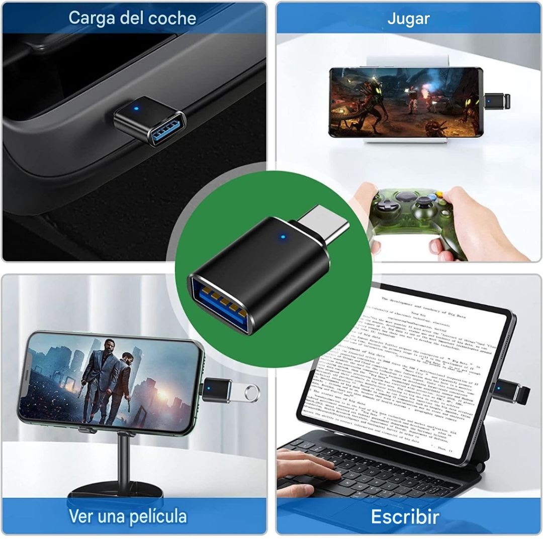 Convertidor USB C a aleación de aluminio con luz LED azul para dispositivo tipo C Adaptador USB C a USB 3,0 OTG