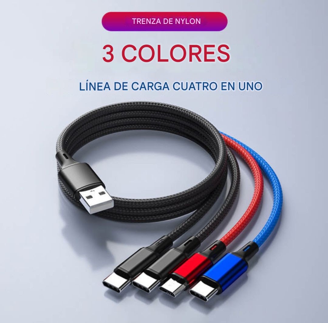 Cable de Carga Multi USB 4 en 1 con Trenzado de Nailon + Convertidor USB C a aleación de aluminio con luz LED azul para dispositivo tipo C Adaptador USB C a USB 3,0 OTG
