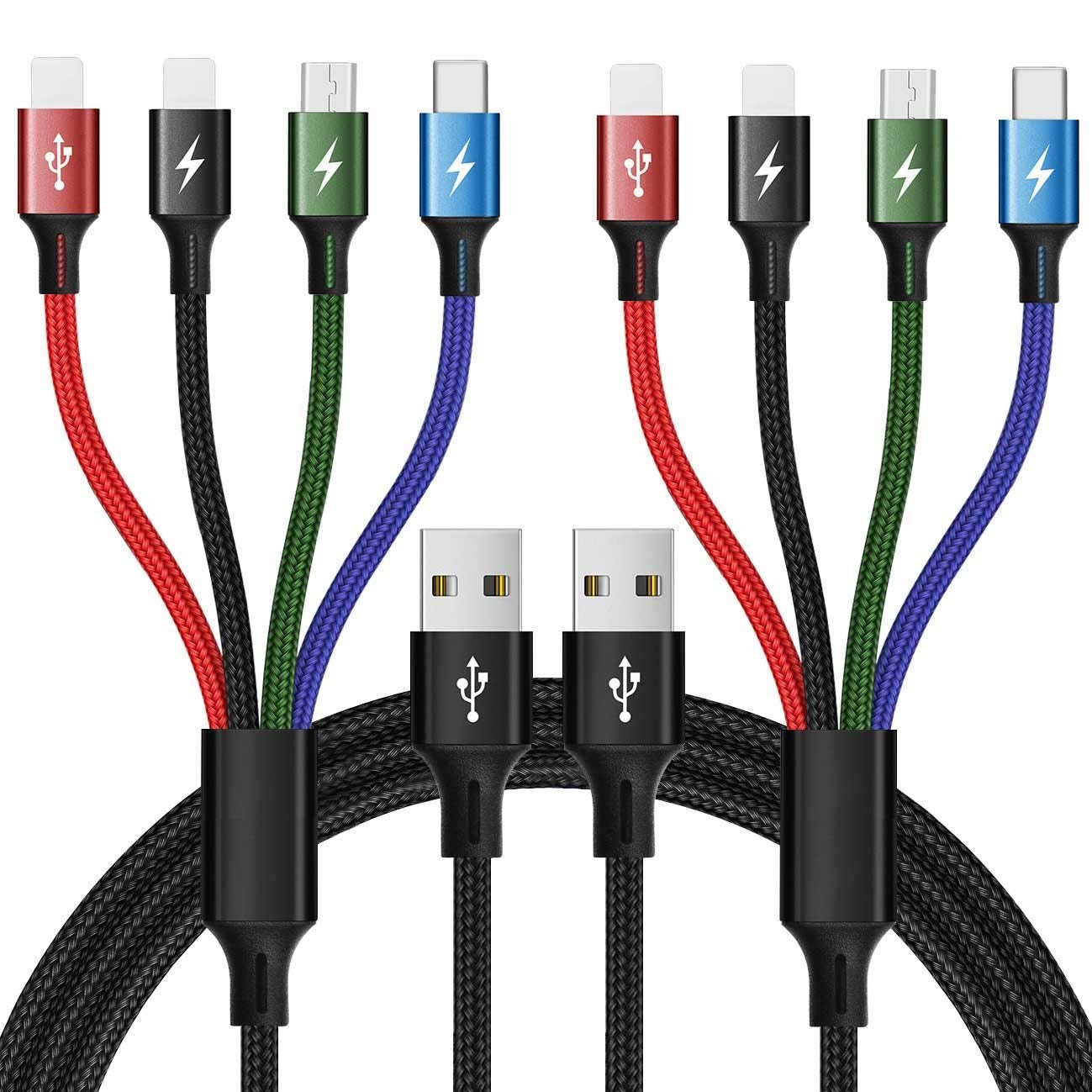 Cable de Carga Multi USB 4 en 1 con Trenzado de Nailon + Convertidor USB C a aleación de aluminio con luz LED azul para dispositivo tipo C Adaptador USB C a USB 3,0 OTG